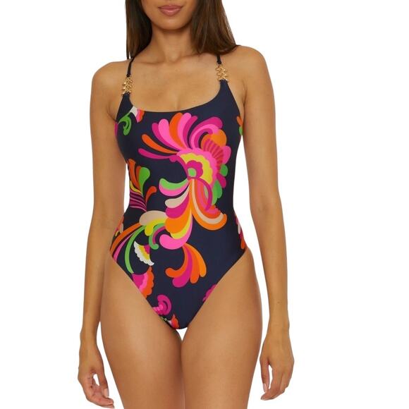NWT! Trina Turk Poolside Swirl One Piece Gold Accents Swimsuit - Size 6 - Picture 1 of 10
